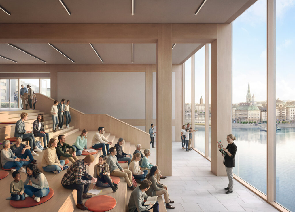 Övre plan med inramade vyer mot skärgården och staden.